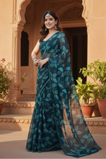 Load image into Gallery viewer, Women's Chiffon Printed Saree With Unstitched Blouse 5.5Mtr (Blue)