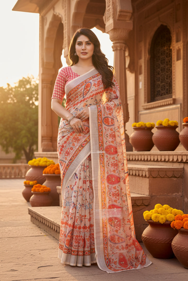 Pid 63902 women s linen cotton printed saree with unstitched blouse 5 5 mtr orange 1 1000x1000
