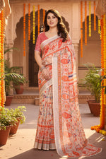 Load image into Gallery viewer, Women's Linen Cotton Printed Saree With Unstitched Blouse 5.5Mtr (Orange )
