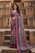 Load image into Gallery viewer, Women's Linen Cotton Printed Saree With Unstitched Blouse 5.5Mtr (Wine )