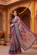 Load image into Gallery viewer, Women's Linen Cotton Printed Saree With Unstitched Blouse 5.5Mtr (Wine )