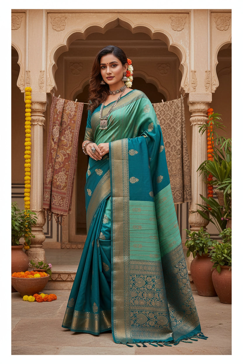 Women's soft silk wooven saree with unstitched blouse 5