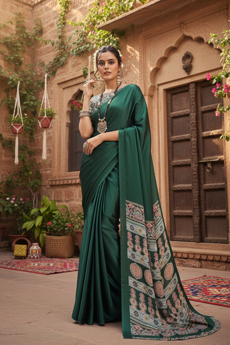 Pid 64994 women s satin crepe printed saree with unstitched blouse 5 5 mtr bottle green 1 1000x1000