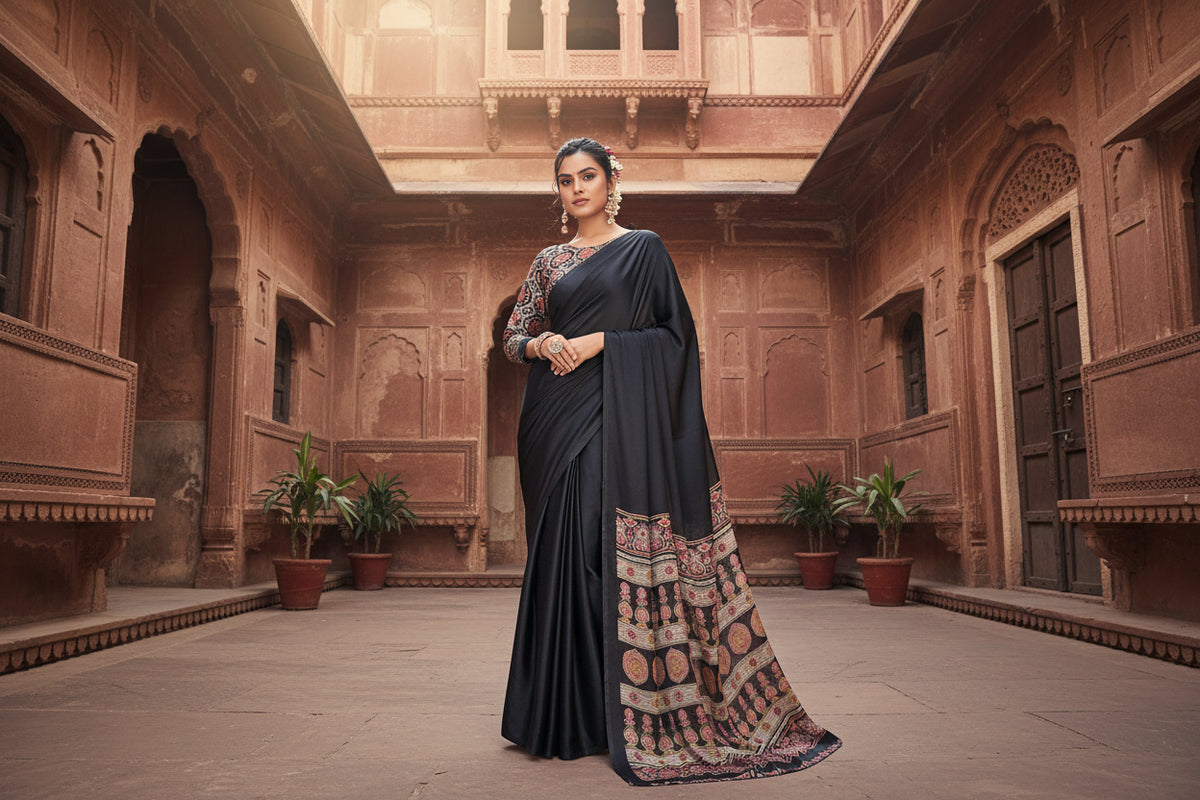 Pid 64995 women s satin crepe printed saree with unstitched blouse 5 5 mtr black 1 1000x1000