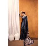 Load image into Gallery viewer, Women's Satin Crepe Printed Saree With Unstitched Blouse 5.5Mtr (Black)