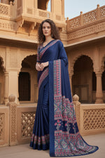 Load image into Gallery viewer, Women's Satin Crepe Printed Saree With Unstitched Blouse 5.5Mtr (Navy Blue)