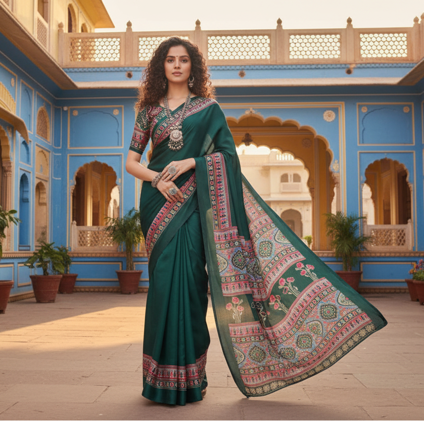 Pid 64997 women s satin crepe printed saree with unstitched blouse 5 5 mtr green 1 1000x1000