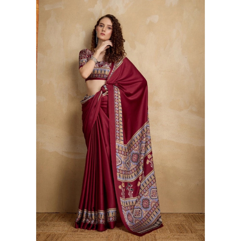 Women's satin crepe printed saree with unstitched blouse 5