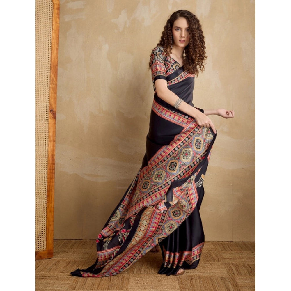 Women's satin crepe printed saree with unstitched blouse 5
