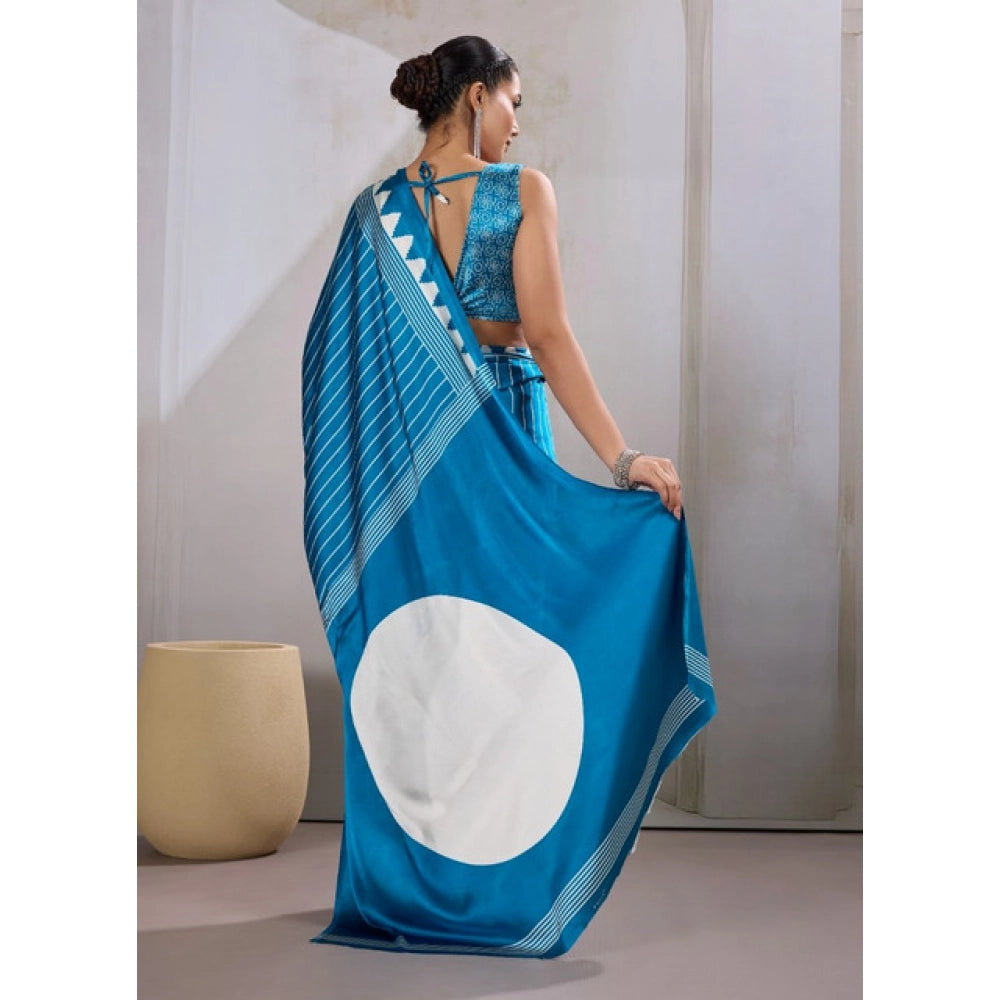 Women's satin crepe printed saree with unstitched blouse 5