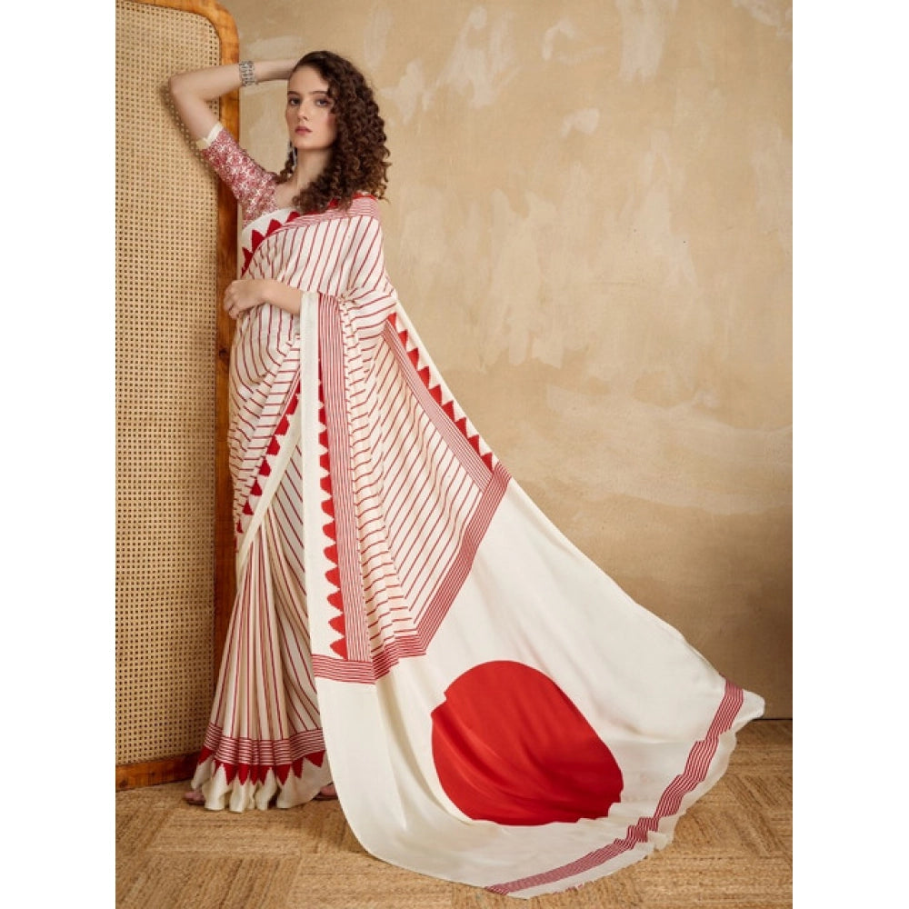 Women's satin crepe printed saree with unstitched blouse 5