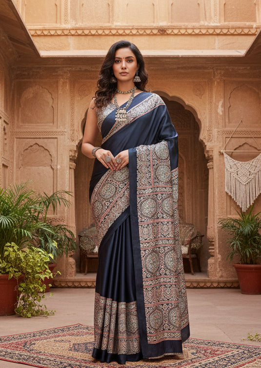 Pid 65013 women s satin crepe printed saree with unstitched blouse 5 5 mtr navy blue 1 1000x1000