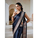 Load image into Gallery viewer, Women's Satin Crepe Printed Saree With Unstitched Blouse 5.5Mtr (Navy Blue)