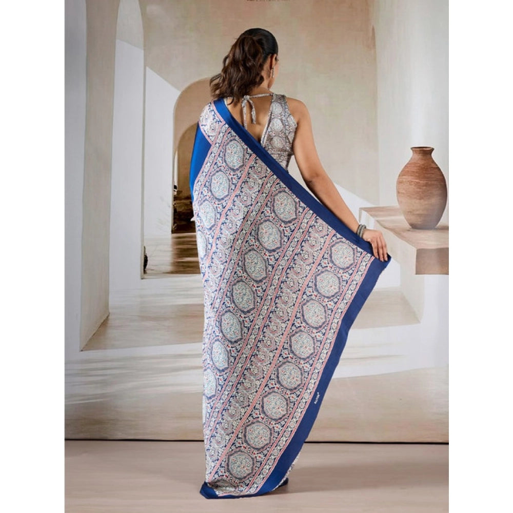 Women's satin crepe printed saree with unstitched blouse 5