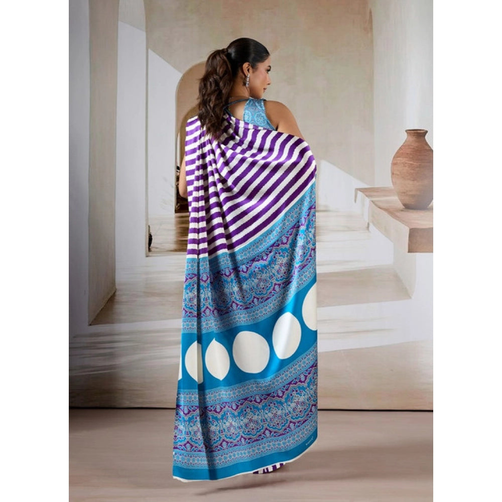 Women's satin crepe printed saree with unstitched blouse 5
