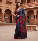 Load image into Gallery viewer, Women's Satin Crepe Printed Saree With Unstitched Blouse 5.5Mtr (Navy Blue)