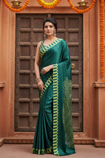 Load image into Gallery viewer, Women's Satin Crepe Printed Saree With Unstitched Blouse 5.5Mtr (Green)