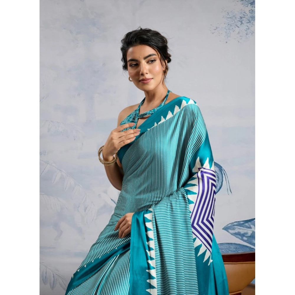 Women's satin crepe printed saree with unstitched blouse 5