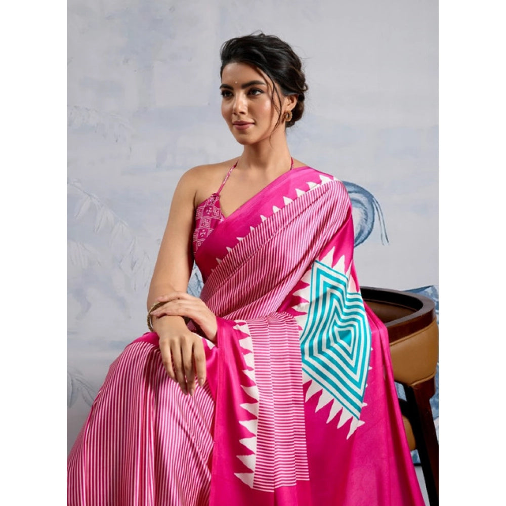 Women's satin crepe printed saree with unstitched blouse 5