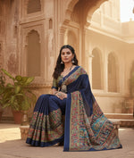 Load image into Gallery viewer, Women's Satin Crepe Printed Saree With Unstitched Blouse 5.5Mtr (Navy Blue)