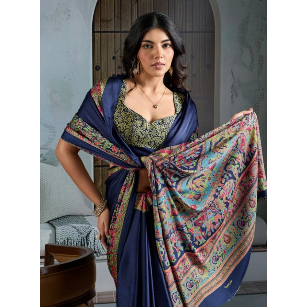 Women's satin crepe printed saree with unstitched blouse 5