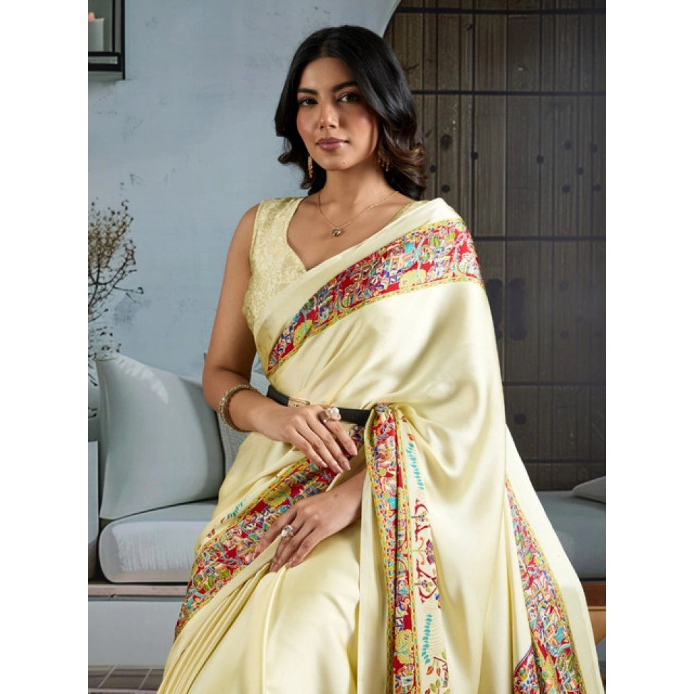 Women's satin crepe printed saree with unstitched blouse 5