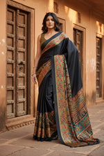 Load image into Gallery viewer, Women's Satin Crepe Printed Saree With Unstitched Blouse 5.5Mtr (Blue)