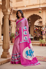 Load image into Gallery viewer, Women's Satin Crepe Printed Saree With Unstitched Blouse 5.5Mtr (Pink)