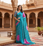 Load image into Gallery viewer, Women's Satin Crepe Printed Saree With Unstitched Blouse 5.5Mtr (Sky Blue)