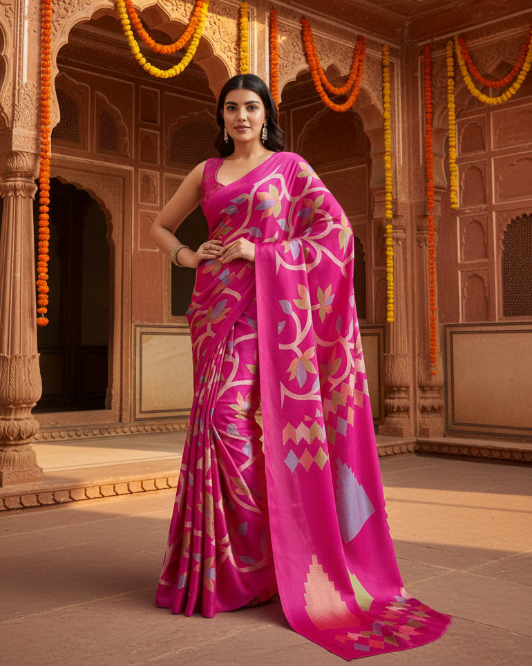 Pid 65063 women s satin crepe printed saree with unstitched blouse 5 5 mtr pink 1 1000x1000
