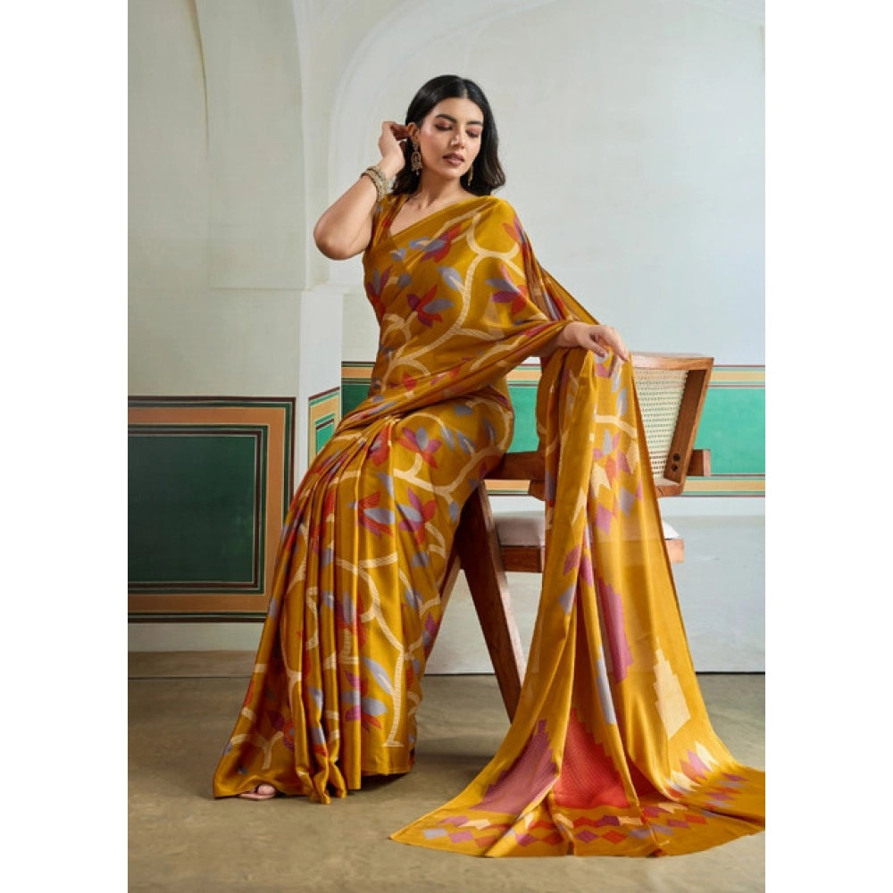 Women's satin crepe printed saree with unstitched blouse 5