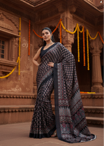 Load image into Gallery viewer, Women's Satin Crepe Printed Saree With Unstitched Blouse 5.5Mtr (Black)