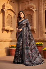 Load image into Gallery viewer, Women's Satin Crepe Printed Saree With Unstitched Blouse 5.5Mtr (Black)