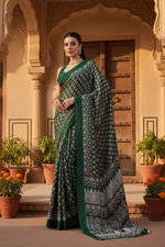 Load image into Gallery viewer, Women's Satin Crepe Printed Saree With Unstitched Blouse 5.5Mtr (Green)