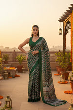 Load image into Gallery viewer, Women's Satin Crepe Printed Saree With Unstitched Blouse 5.5Mtr (Green)