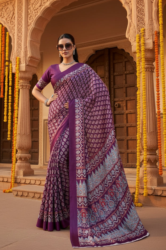 Pid 65071 women s satin crepe printed saree with unstitched blouse 5 5 mtr purple 1 1000x1000