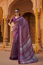 Load image into Gallery viewer, Women's Satin Crepe Printed Saree With Unstitched Blouse 5.5Mtr (Purple)