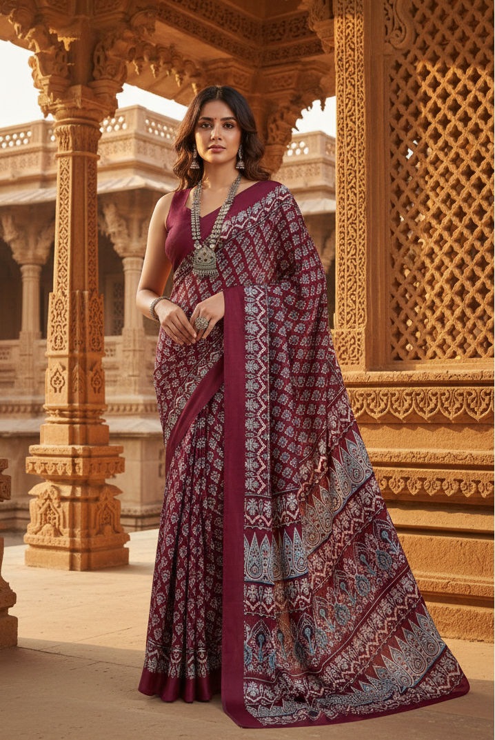 Pid 65072 women s satin crepe printed saree with unstitched blouse 5 5 mtr maroon 1 1000x1000