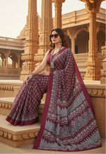 Load image into Gallery viewer, Women's Satin Crepe Printed Saree With Unstitched Blouse 5.5Mtr (Maroon)