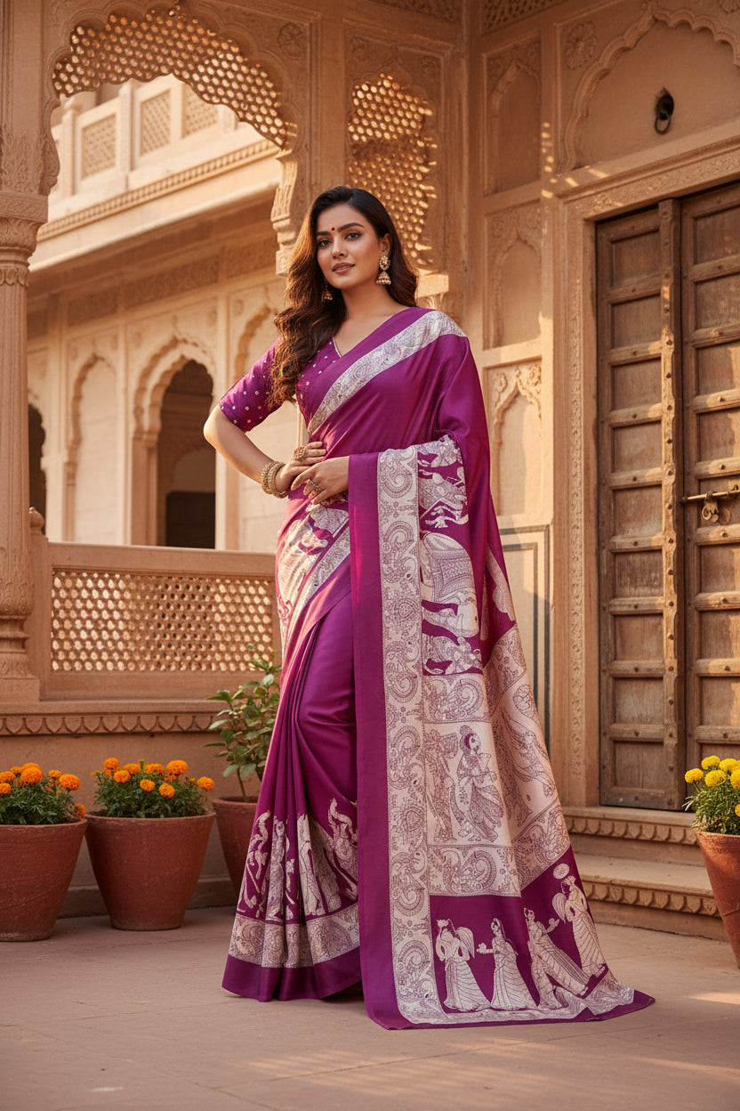 Pid 65073 women s satin crepe printed saree with unstitched blouse 5 5 mtr purple 1 1000x1000