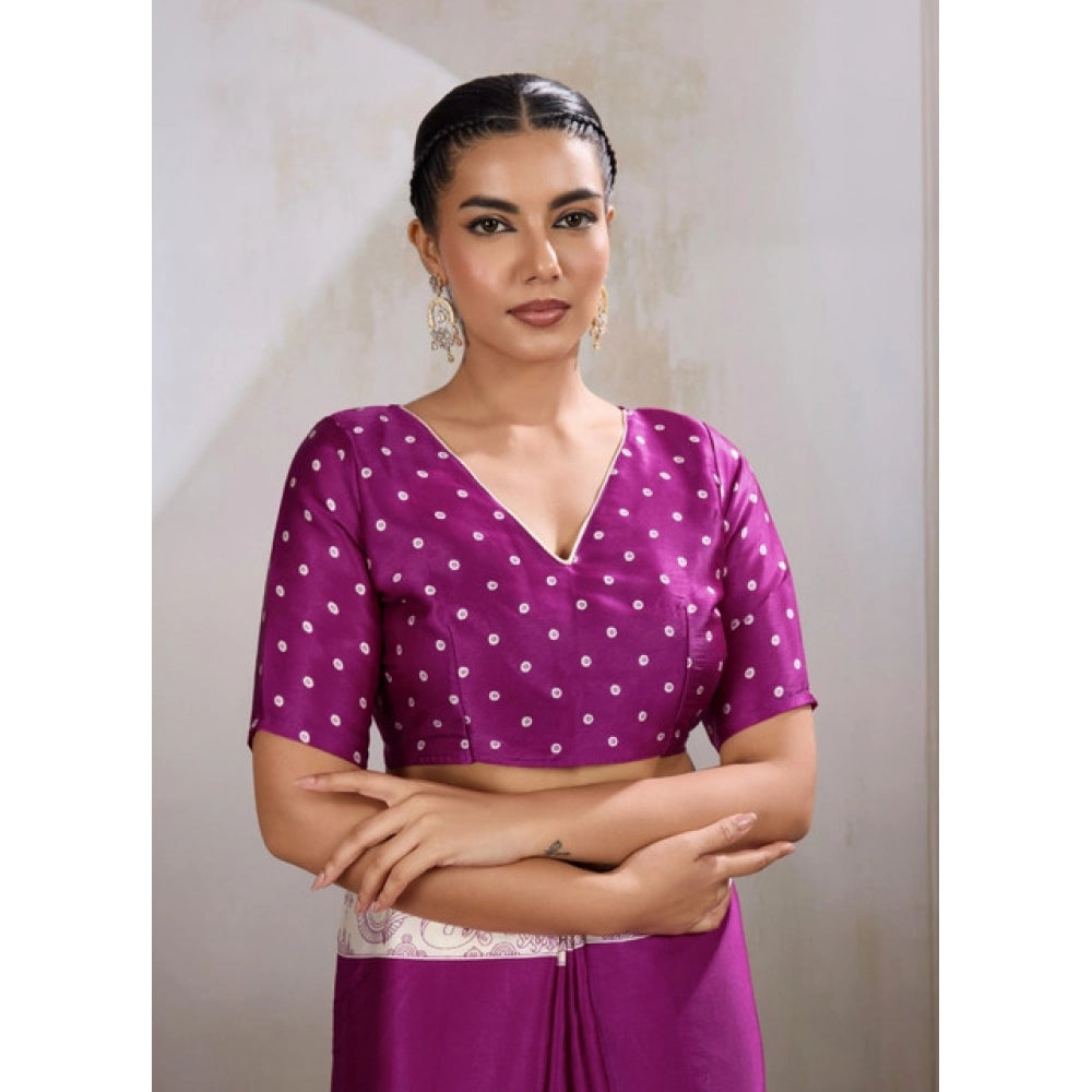 Women's satin crepe printed saree with unstitched blouse 5