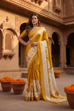 Load image into Gallery viewer, Women's Satin Crepe Printed Saree With Unstitched Blouse 5.5Mtr (Mustard)