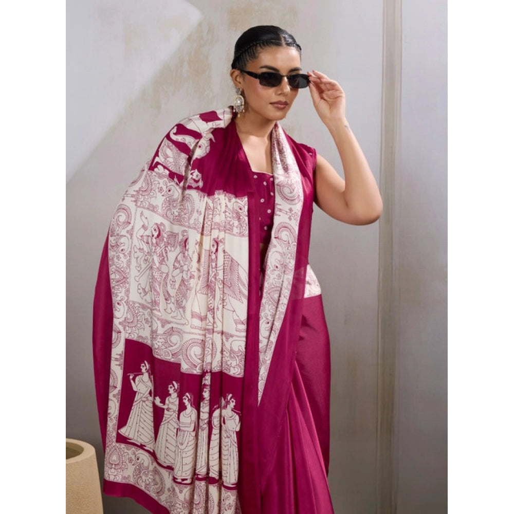 Women's satin crepe printed saree with unstitched blouse 5
