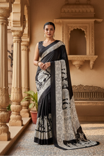 Load image into Gallery viewer, Women's Satin Crepe Printed Saree With Unstitched Blouse 5.5Mtr (Black)