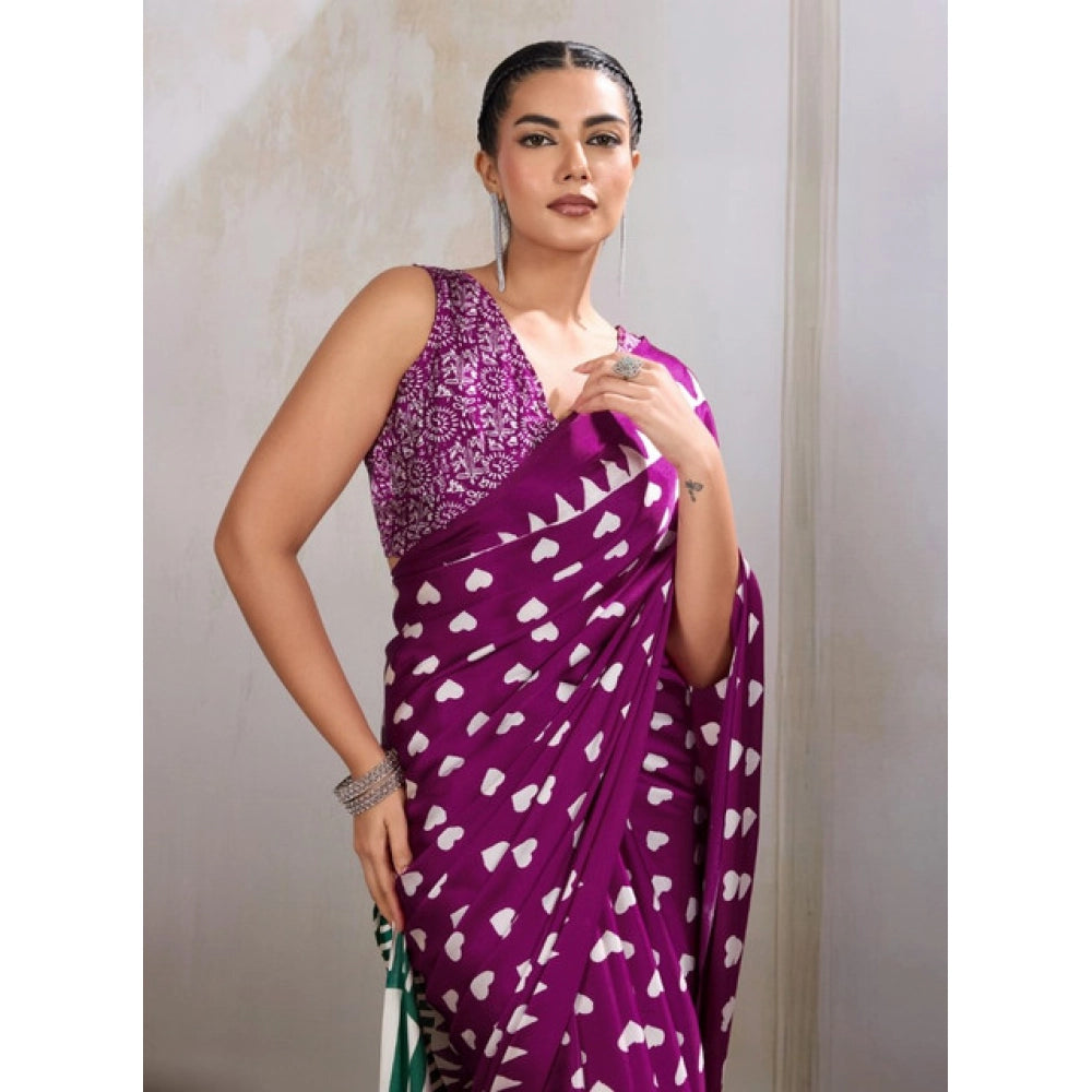 Women's satin crepe printed saree with unstitched blouse 5
