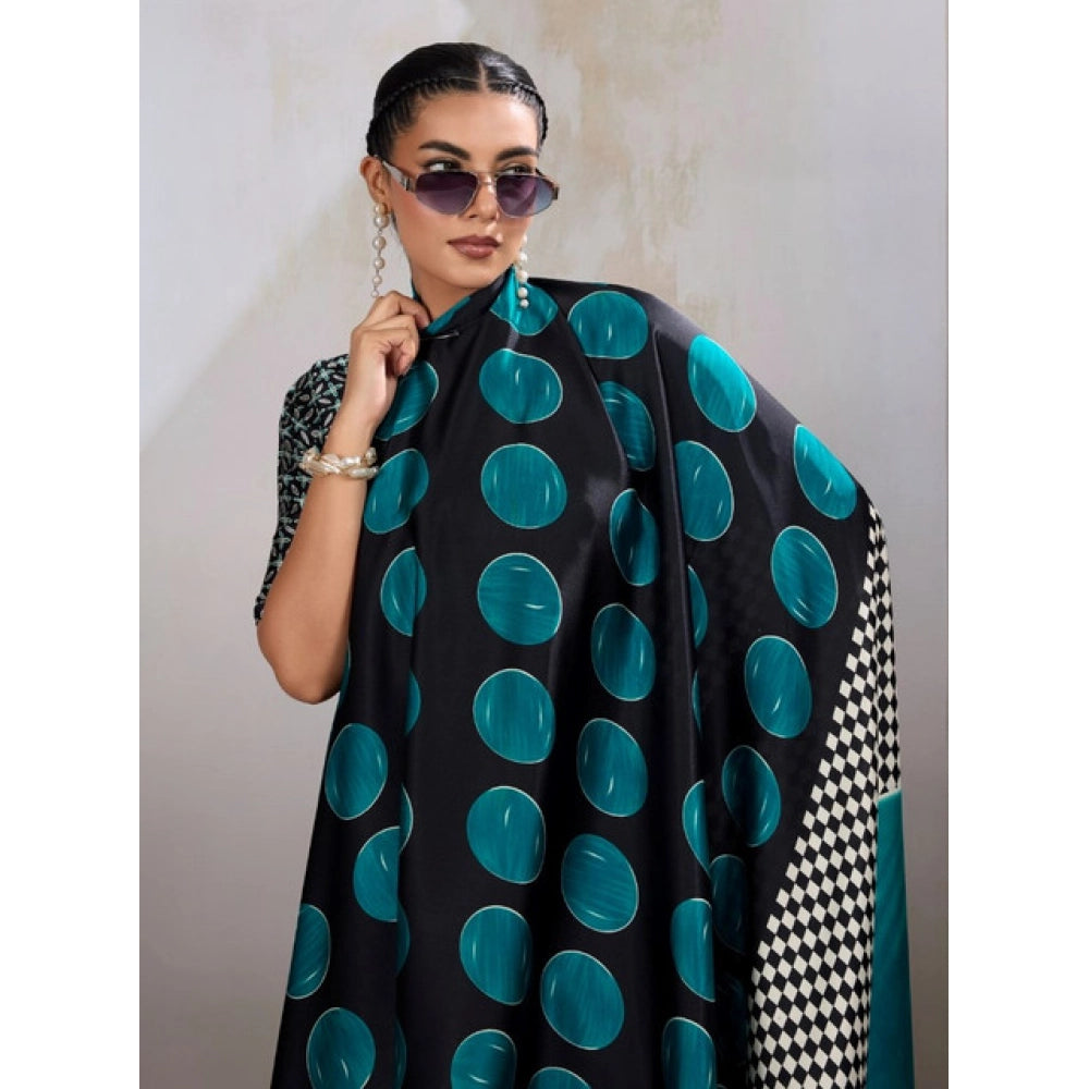 Women's satin crepe printed saree with unstitched blouse 5