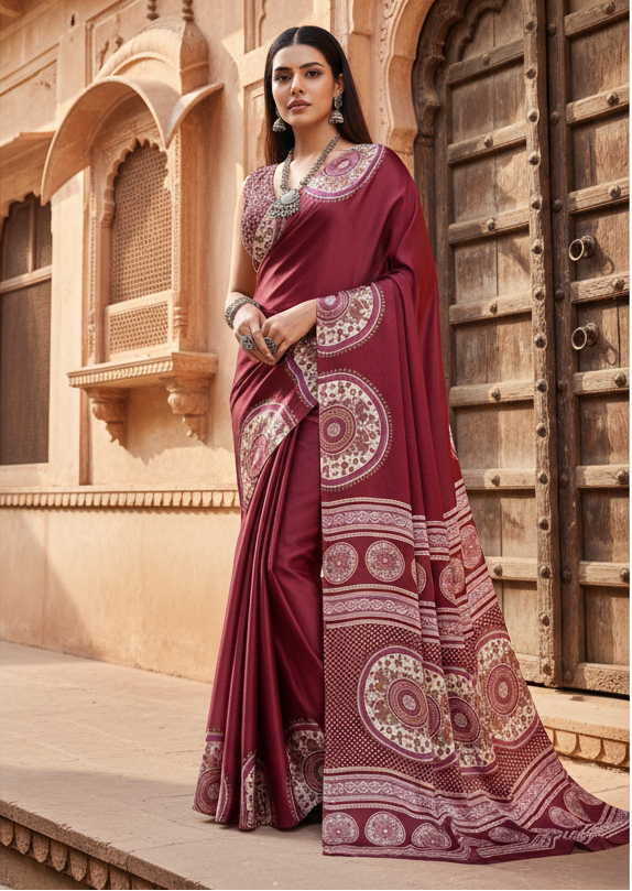 Pid 65092 women s satin crepe printed saree with unstitched blouse 5 5 mtr maroon 1 1000x1000