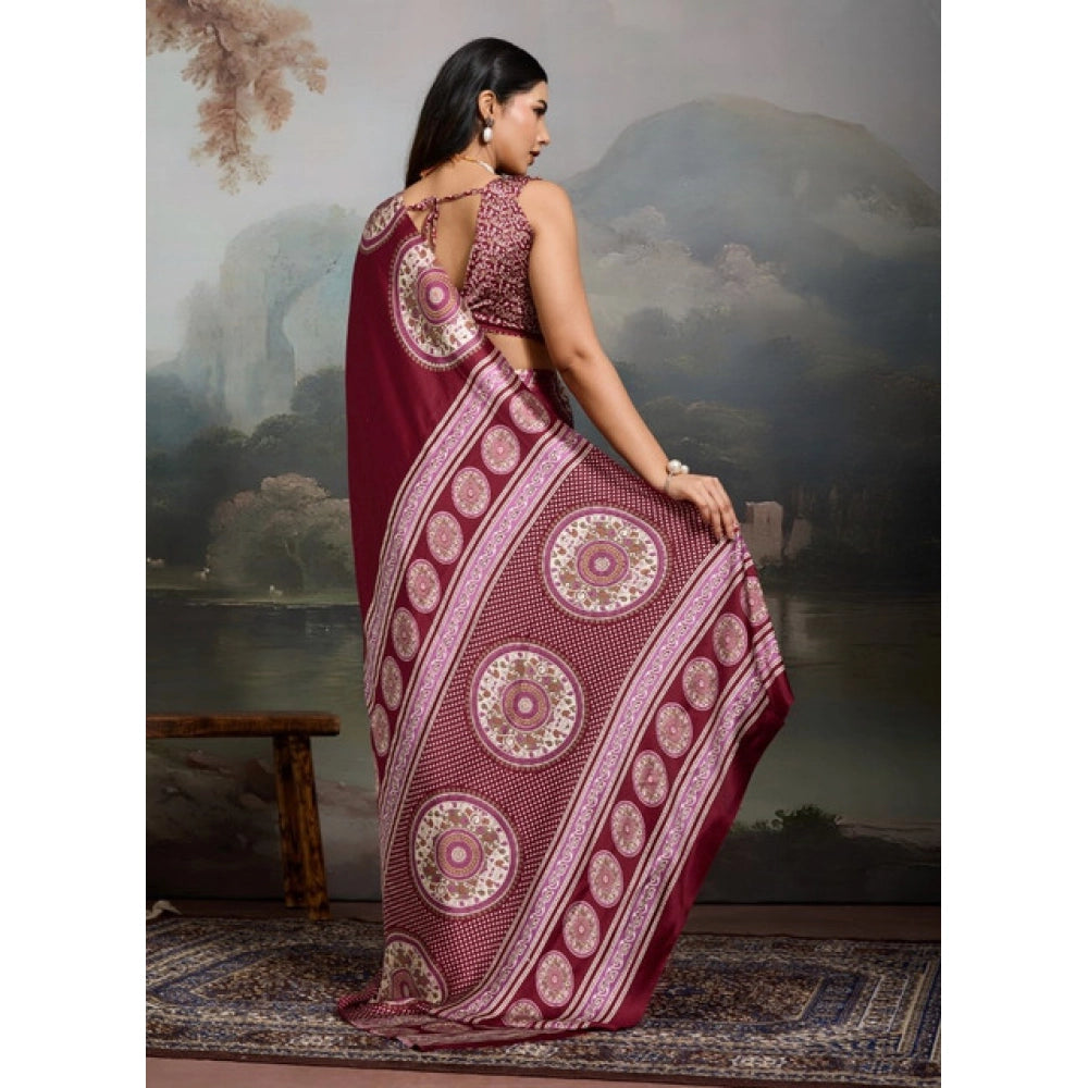 Women's satin crepe printed saree with unstitched blouse 5