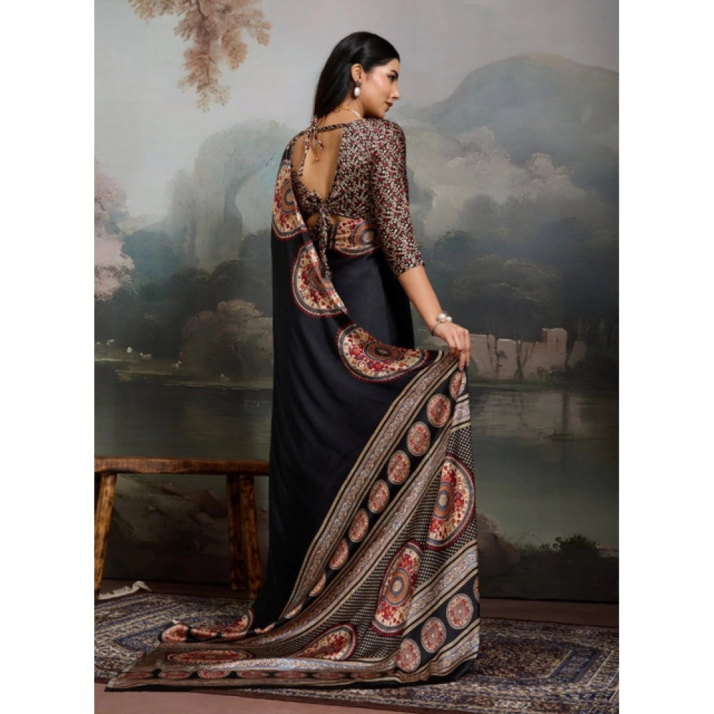 Women's satin crepe printed saree with unstitched blouse 5