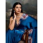 Load image into Gallery viewer, Women's Satin Crepe Printed Saree With Unstitched Blouse 5.5Mtr (Blue)